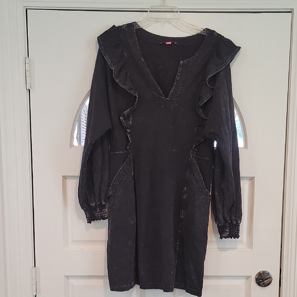 Betsey Johnson Black Ruffle V-Neck Long Sleeve Dress